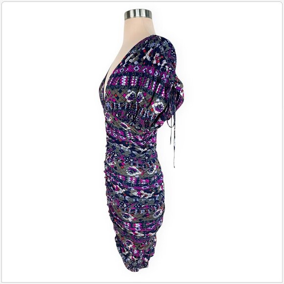 Vertigo Paris Printed The Masai V-Neck Ruched Mesh Bodycon Dress NWT New XS - Picture 3 of 5